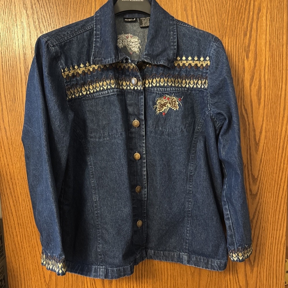 NorthCrest Denim Jacket XL Embroidered Pinecone‎ Rustic Western Retro Style